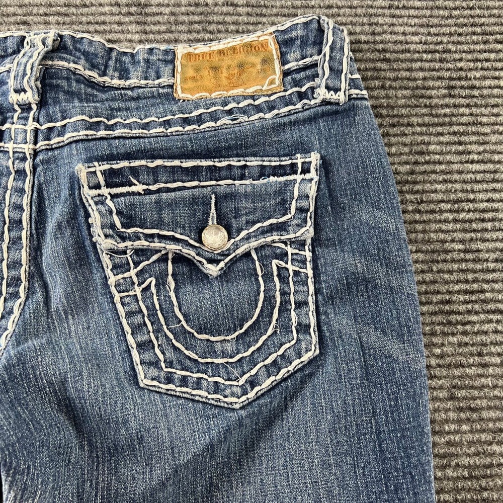 True Religion Joey Super T Blue Flare Jeans Womens 30 White Stitch Y2K Low Rise